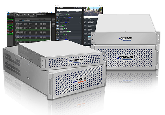 Three silver Facilis server units stacked in the foreground with software control interfaces in the background.