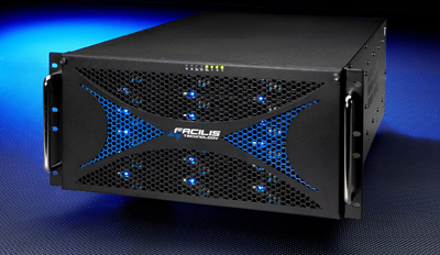 Black Facilis Technology server unit with a perforated front panel and blue LED lights.