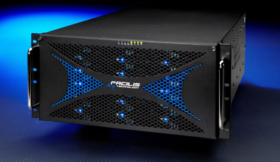 Black Facilis Technology server rack with blue light glowing through a mesh front panel.