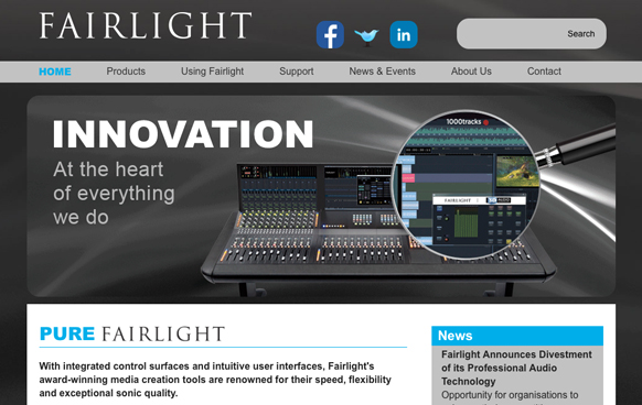 Fairlight website homepage showing an audio mixing console with the text INNOVATION.