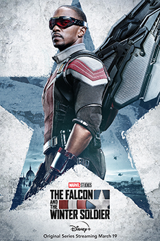 A man in a red, white, and black superhero suit with mechanical wings stands before a large star shape.