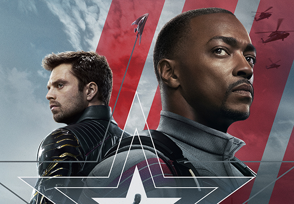 Two men in tactical suits pose against a red and white striped background with helicopters in the sky.