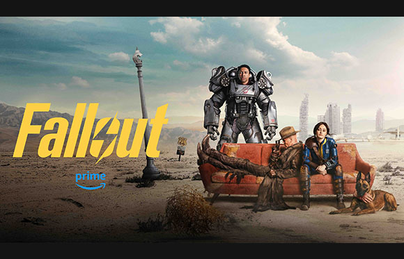 Four characters sit and stand in a wasteland landscape with the word Fallout in yellow text.