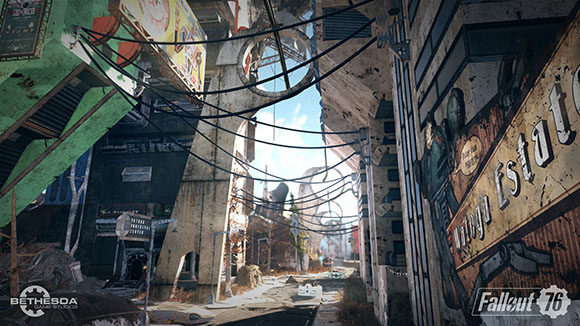 A view looking down a narrow, debris-filled street between crumbling, graffiti-covered buildings under a bright sky.