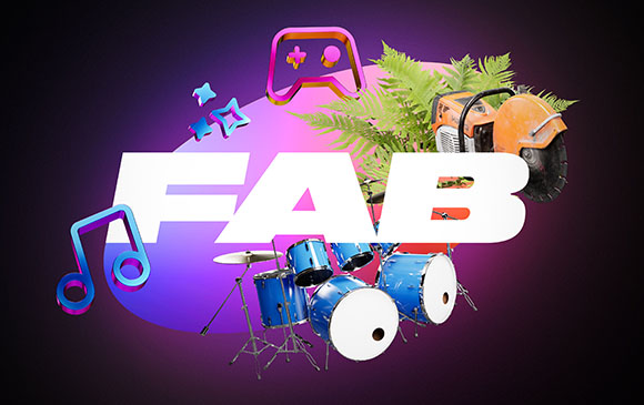3D text reading FAB surrounded by a game controller, musical notes, drums, a saw, and ferns.