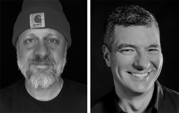 Two black and white headshots of men, one with a beard and beanie, the other smiling.