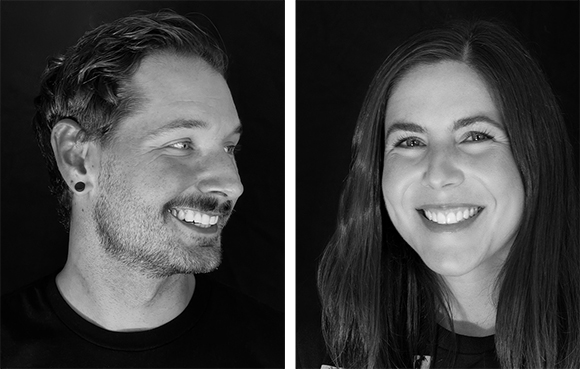 Black and white side-by-side portraits of a smiling man looking left and a smiling woman looking forward.