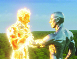 A figure composed of bright flames faces a metallic silver humanoid figure against a green forest background.