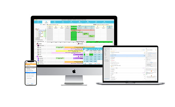A desktop monitor, laptop, and smartphone displaying a scheduling software interface with colorful calendars.