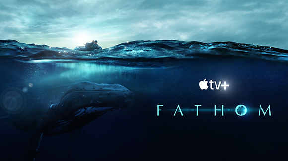 A split-view shot showing a small boat on the ocean surface and a large whale swimming underwater.