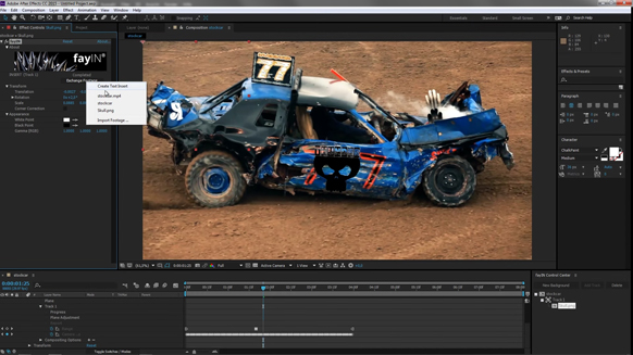 Adobe After Effects software interface displaying a blue crushed car on a dirt track in the composition window.