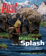 A person in traditional clothing walks in a river with a large, shaggy creature resembling a bison behind them. Mountains are