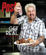 A man with spiky blonde hair and a goatee, wearing a checkered shirt, squeezes sauce from a bottle onto a plate of ribs he is