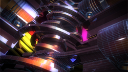 Abstract 3D render of metallic spiral shapes and glowing neon light patterns in dark space.