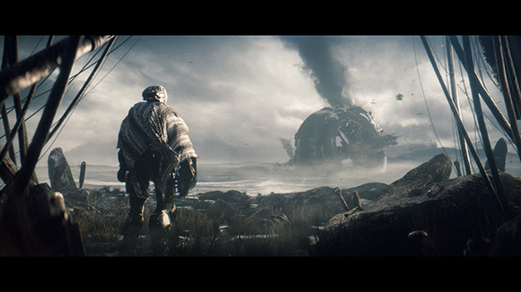 A person in textured clothing stands on rocky ground looking at a large, dark, smoking object in the distance.