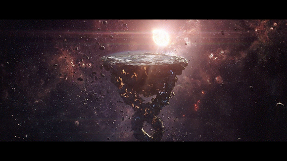 A large, rocky floating island suspended in a dark nebula illuminated by a bright distant star.