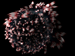 Abstract cluster of red, white, and black feathered brushstrokes on a black background.