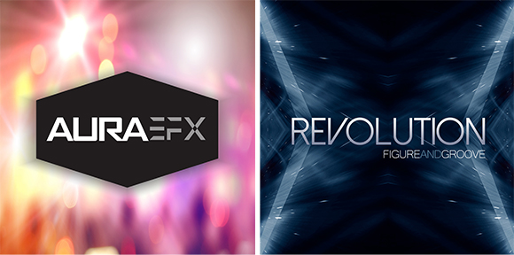 Left: AuraEFX logo on a blurred colorful light background. Right: Revolution text on a dark blue abstract background.