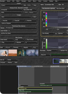 Interface of video editing software showing timeline, playback controls, and color correction tools.