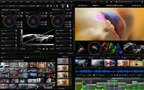 A dark-themed video editing software interface showing color grading tools, a video preview, and a media library.