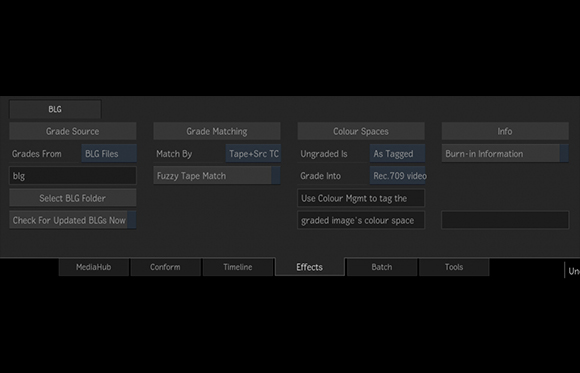 A dark software interface showing options for BLG files, grade matching, and colour spaces.