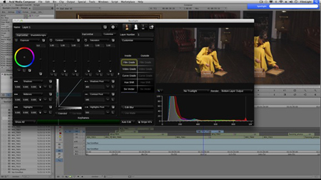 Software interface showing video editing timeline and color grading tools over a video of a person in yellow.