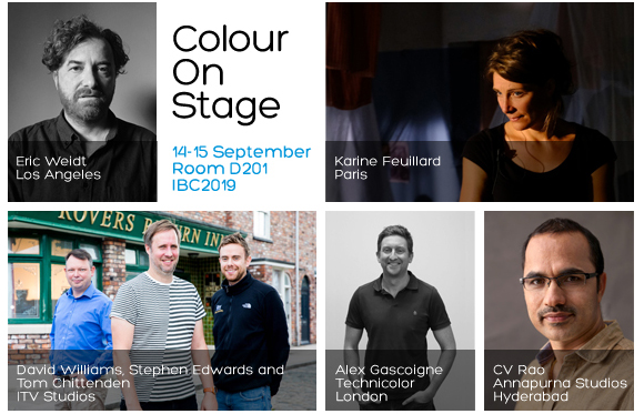 Grid of black and white and color portraits of speakers for the Colour On Stage event at IBC2019.