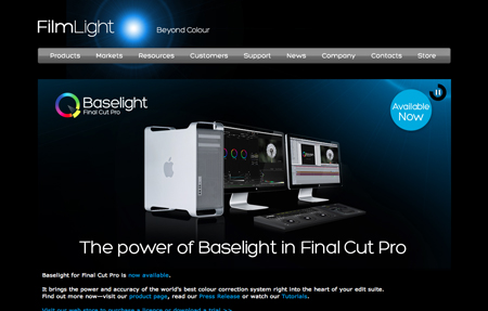 FilmLight website banner featuring Baselight for Final Cut Pro with computer hardware and software interface.