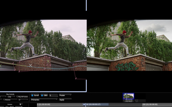 Split-screen video editing interface showing a person in mid-air jump against a backdrop of trees and buildings.