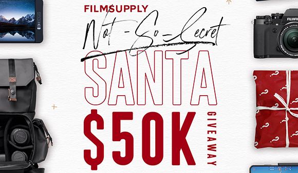 Promotional graphic for FilmSupply's $50K Not-So-Secret Santa giveaway featuring camera gear and a gift.