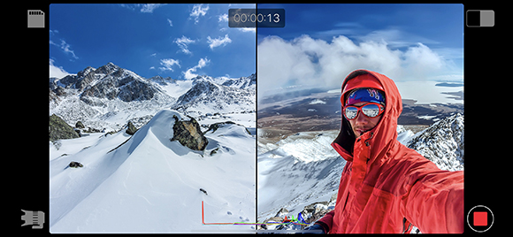 Split screen showing a snowy mountain range on the left and a person in a red hooded jacket on the right.
