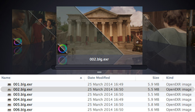 A computer screen showing a file list of OpenEXR images and a large preview of a classical building.