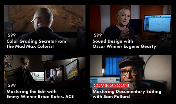 Four rectangular tiles advertising film courses in color grading, sound design, editing, and documentary editing.