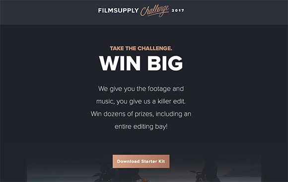 Text on dark background reads: Take the challenge. Win big. We give you the footage and music, you give us a killer edit.