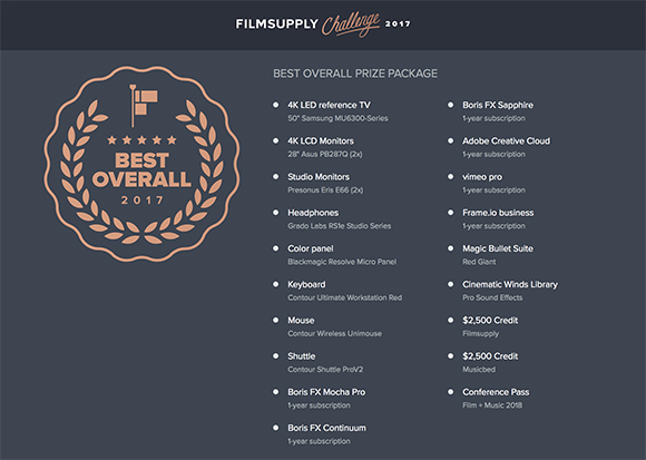 List of prizes for the Best Overall 2017 FilmSupply Challenge, including hardware and software subscriptions.