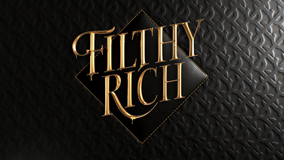 Gold stylized text reading 'FILTHY RICH' centered on a black diamond against a textured black background.