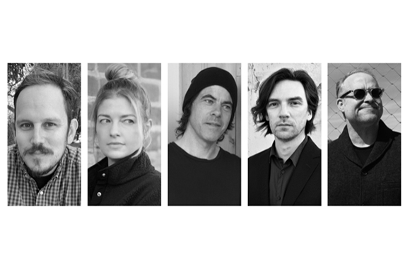 Five black and white portrait headshots of different people arranged in a horizontal row.