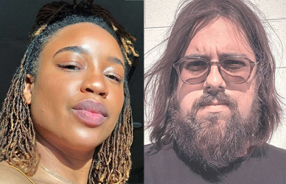 A split image showing a woman with dreadlocks on the left and a man with long hair and a beard on the right.