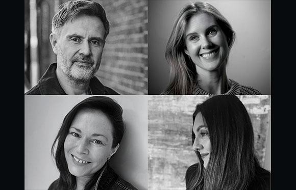 Four black and white portrait headshots of two men and two women arranged in a grid.