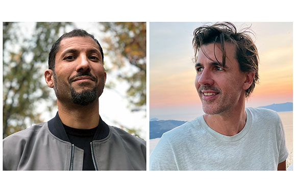 Two portraits of men: one with a goatee in a grey jacket, the other with brown hair in a white t-shirt.