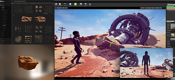 A computer screen displaying a 3D modeling interface with a desert landscape and character model.