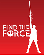 White silhouette of a person holding a lightsaber upward against a red background with text.
