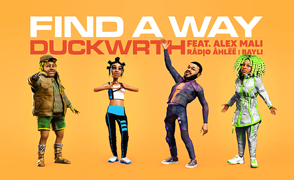 Four animated characters in colorful streetwear pose against a solid yellow background.