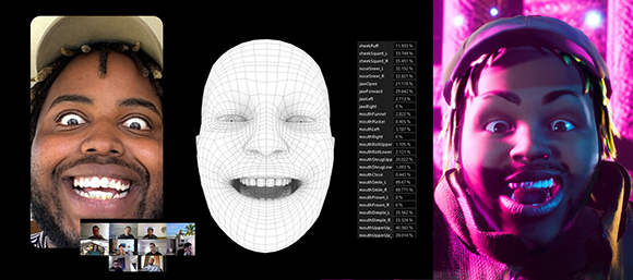 Comparison of a man's wide-eyed expression, a 3D wireframe face, and a matching digital 3D avatar.