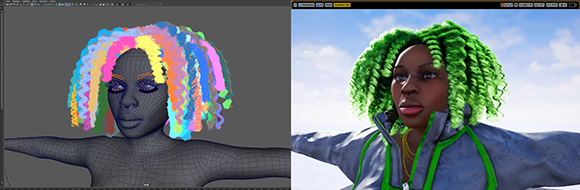 Split view showing a 3D character model with colorful hair in wireframe and a final rendered version.