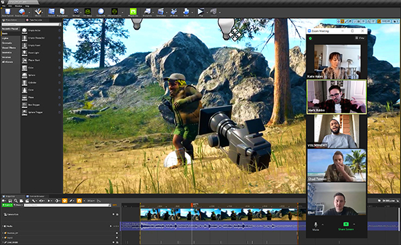 Video editing software showing a 3D landscape scene with a character and a Zoom video call window.