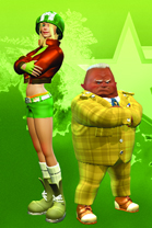 A tall blonde woman in a green helmet and red jacket stands next to a short, stout man in a yellow plaid suit.