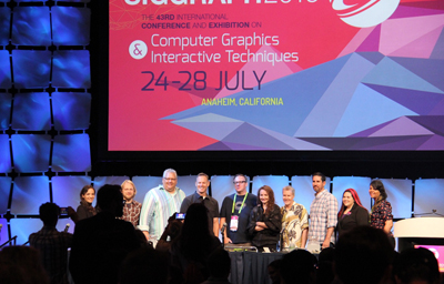 A group of people stand on a stage in front of a large screen that reads SIGGRAPH 2016, The 43rd International Conference and