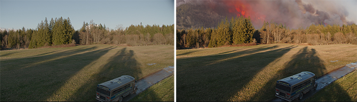 Two side-by-side views of a grassy field and forest, one showing thick red and grey smoke behind the trees.