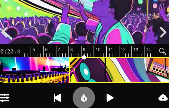 Video editing software interface displaying colorful concert clips on a timeline.